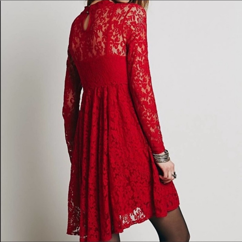 Free People Hearts Delight Red Lace Long Sleeve Dress - Picture 2 of 9
